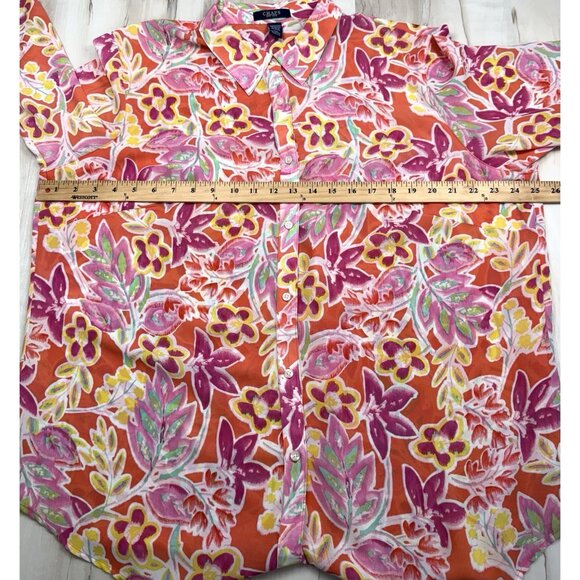 CHAPS Womens 2X Orange/Pink Floral Sheer Silky L/S Button-Up BLOUSE Shirt Bright - Picture 3 of 7